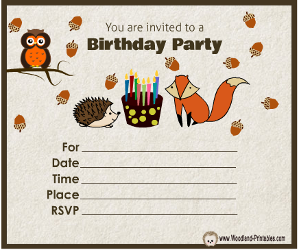 Woodland Birthday Invitation featuring Cute Owl, Fox and Hedgehog