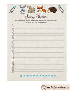Woodland themed How many Baby Items can you Write Game