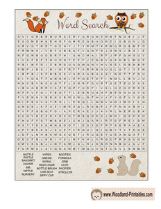 Free Printable Woodland Baby Shower Word Search Game